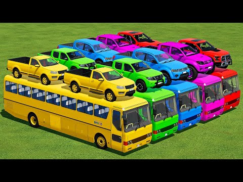 TRANSPORTING DACIA, NISSAN, FORD & TOYOTA PICKUP CARS WITH BUSES – Farming Simulator 22