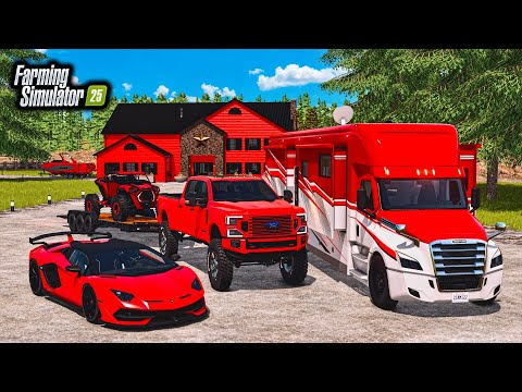 BUILDING "ALL RED" CAMPING MANSION! (LIFTED TRUCKS + RZR) | FS25